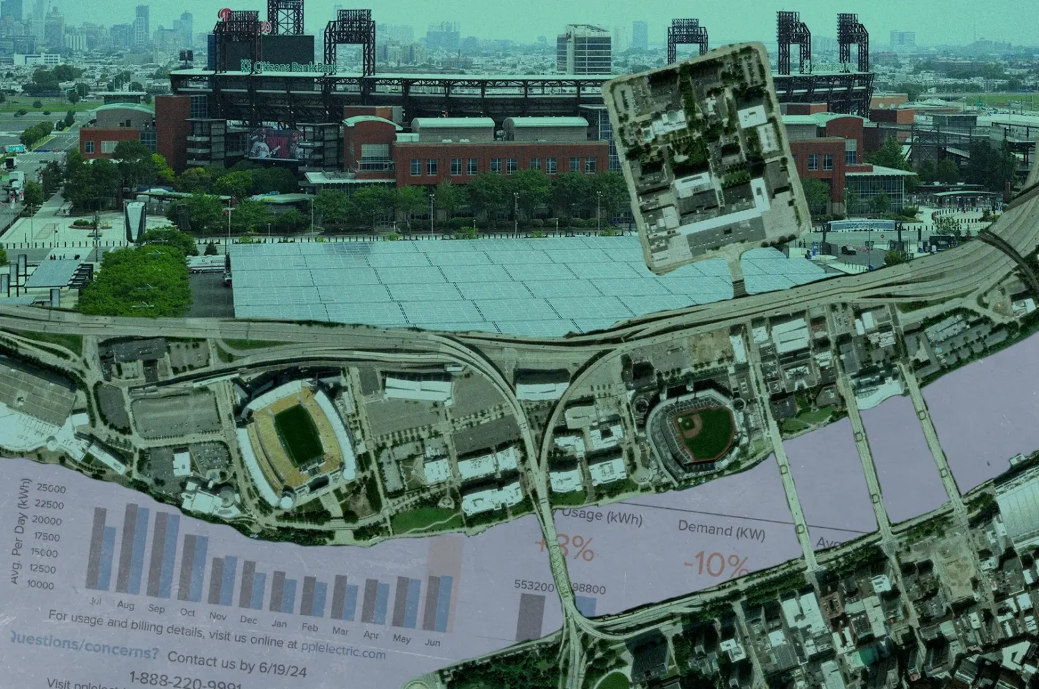 A composite image showing Citizens Bank Park and Philadelphia's South Broad Street sports complex, overlaid with an aerial map of the stadium district and a closeup image of a PPL Electric utility bill.