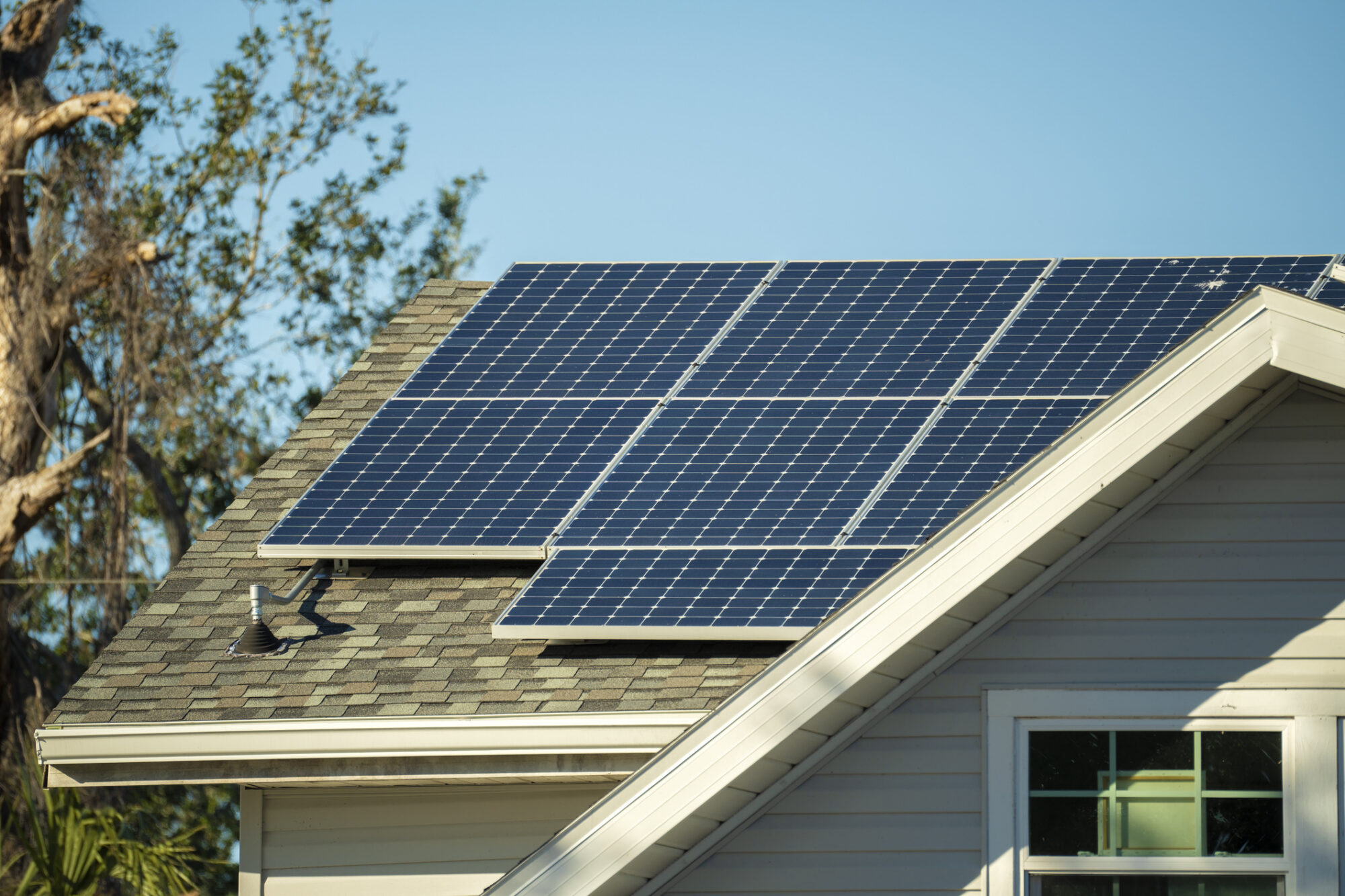 Solar panels installed on the shingled roof of a residential house, with a tree and clear blue sky in the background.