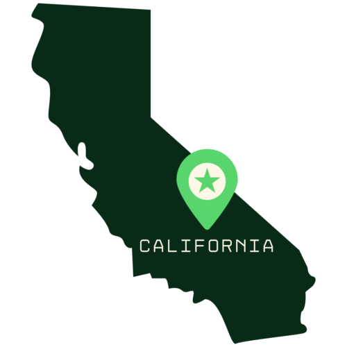 A stylized icon of the state of California in dark green, with a location pin marker (featuring a star) placed in the center and the word 