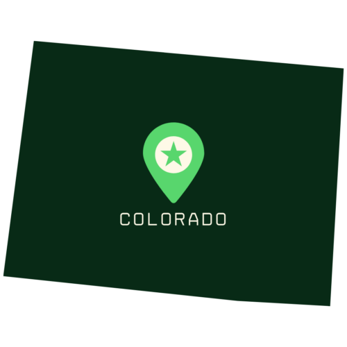 A stylized icon of the state of Colorado in dark green, with a location pin marker (featuring a star) placed in the center and the word 