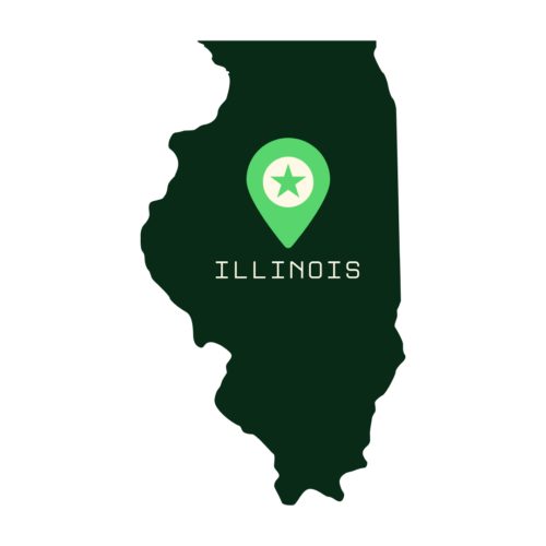 A stylized icon of the state of Illinois in dark green, with a location pin marker (featuring a star) placed in the center and the word 