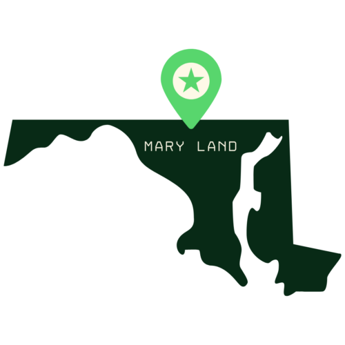 A stylized icon of the state of Maryland in dark green, with a location pin marker (featuring a star) placed in the center and the word 