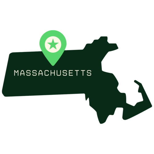 A stylized icon of the state of Massachusetts in dark green, with a location pin marker (featuring a star) placed in the center and the word 