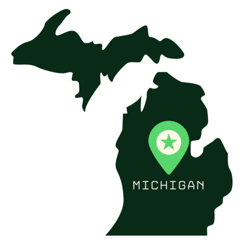 A stylized icon of the state of Michigan in dark green, with a location pin marker (featuring a star) placed in the center and the word 