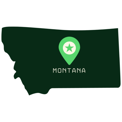 A stylized icon of the state of Montana in dark green, with a location pin marker (featuring a star) placed in the center and the word 