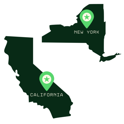 Two stylized icons of the states of California and New York, both in dark green, with a location pin marker (featuring a star) placed in the center of each state.
