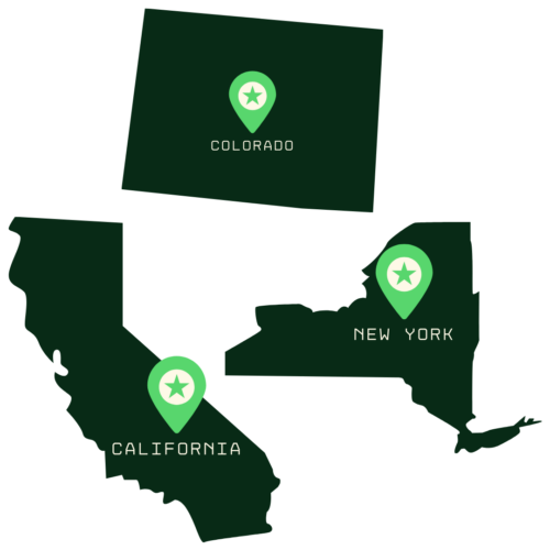 Three stylized icons of the states of California, New York, and Colorado, all in dark green, with a location pin marker (featuring a star) placed in the center of each state.
