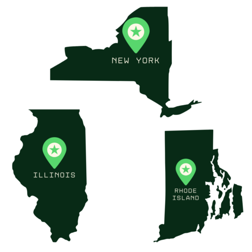 Three stylized icons of the states of Illinois, New York, and Rhode Island, all in dark green, with a location pin marker (featuring a star) placed in the center of each state.