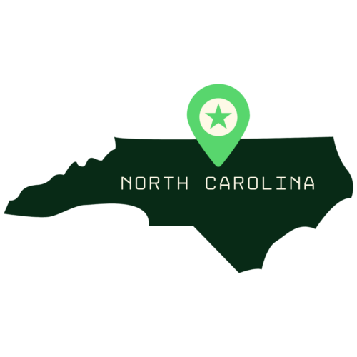A stylized icon of the state of North Carolina in dark green, with a location pin marker (featuring a star) placed in the center and the word 