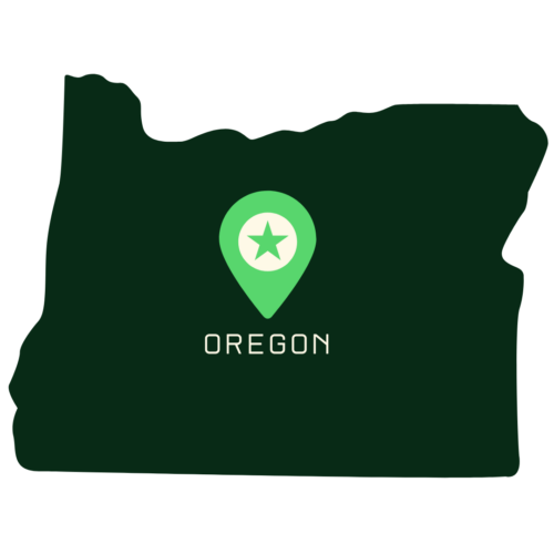 A stylized icon of the state of Oregon in dark green, with a location pin marker (featuring a star) placed in the center and the word 