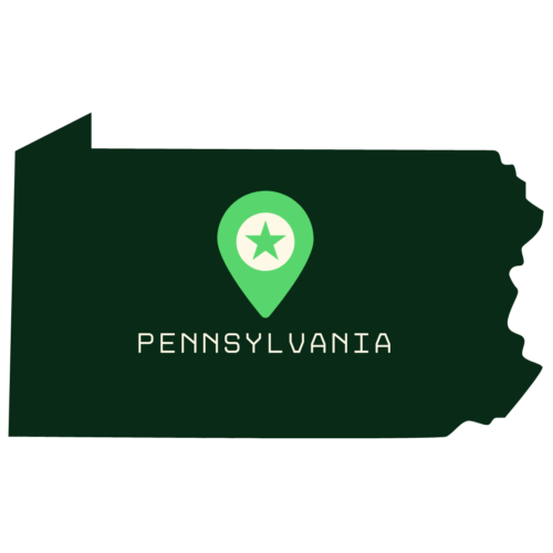 A stylized icon of the state of Pennsylvania in dark green, with a location pin marker (featuring a star) placed in the center and the word 