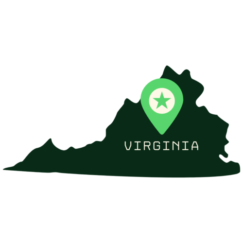 A stylized icon of the state of Virginia in dark green, with a location pin marker (featuring a star) placed in the center and the word 